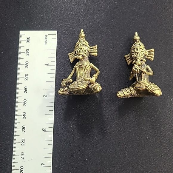 Set Of 2 Brass Miniature Musicians Wearing Elephant Mask - Picture 9 of 10